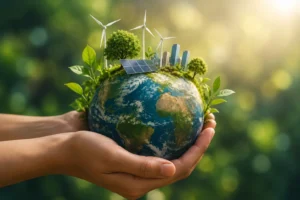 Hands holding Earth with renewable energy and green city.