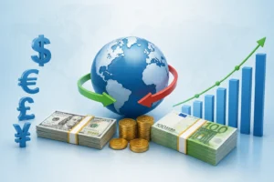 Global currency exchange rates illustration with a globe, dollar and euro currency, coins, and rising financial charts.