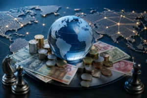 Global finance concept featuring a glowing world map, international currencies, coins, and a digital globe.