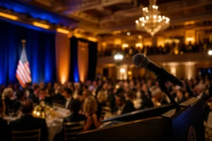 Grand banquet hall prepared for a high-profile political dinner with a podium and audience.