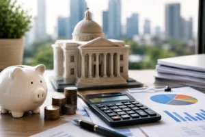 Piggy bank, calculator, coins, government building model, and financial charts representing government budgeting and public finance.