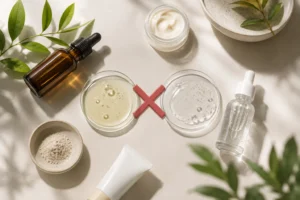 Skincare products and ingredients arranged to show combinations that may cause irritation.