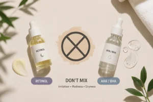 Skincare products that should not be mixed, including retinol and AHABHA.