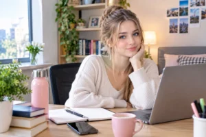 Cozy Home Workspace with Smiling Student