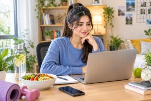 Cozy Wellness Workspace with Laptop and Salad