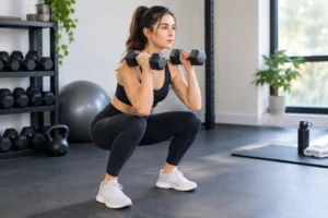 Focused Dumbbell Squat in a Bright Gym